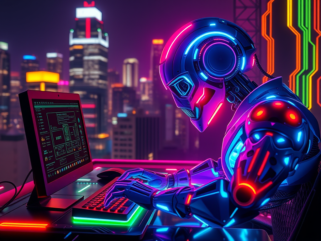 Futuristic chrome robot bathed in neon holographic light, working at a glowing computer with a purple-blue night city skyline behind it