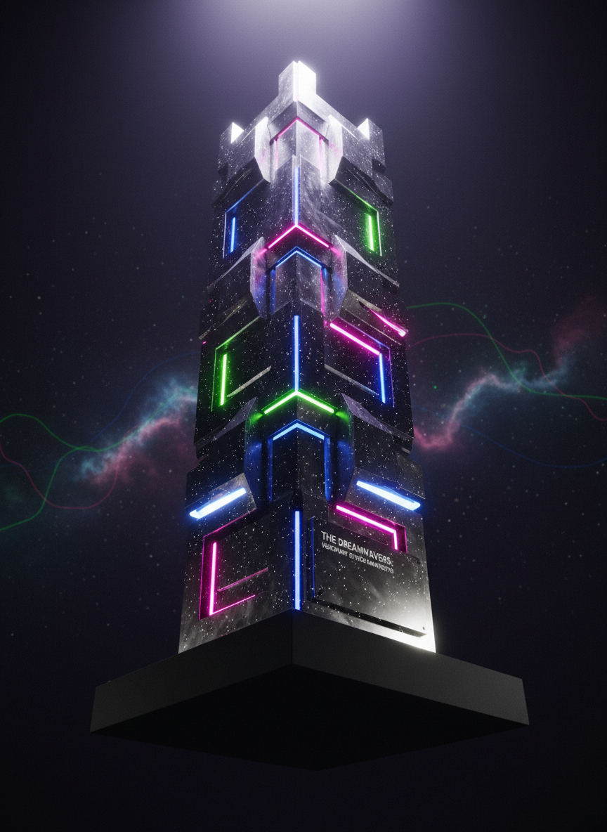A bold, geometric totem sculpture crafted from interlocking, chrome-plated shapes with embedded neon lines in vibrant pink, electric blue, and acid green. The surface is sleek, highly polished, and dappled with tiny gleaming points, evoking the look of stardust. The totem stands on a matte-black plinth suspended against a backdrop of deep void, with a faint nebulous cloud and subtle neon swirls. Piercing white-violet directional lighting from above forms crisp, angular shadows and striking highlights along the metallic surfaces. The camera angle is slightly below eye level for added monumentality and drama, emphasizing a bold, space-inspired, and minimalist neonpunk personality—perfect for showcasing The Dreamwavers’ visionary ethos manifesto.