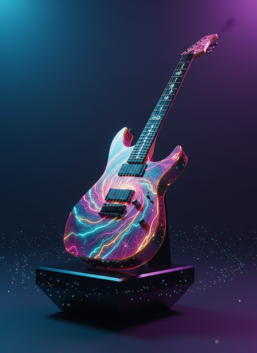 A vibrant, iridescent electric guitar with a body shaped like an angular nebula, inlaid with pulsing neon light veins of aqua, magenta, and gold. The fretboard is crafted from black mirrored glass with embedded glowing glyphs. Resting atop a polished onyx pedestal within a minimalist, void-like space, subtle cosmic particle trails swirl beneath. Razor-sharp blue and purple key lighting from opposite sides accentuate the guitar’s contours, casting crisp shadows on the glossy pedestal. Captured from a low, three-quarter angle with a narrow depth of field to add drama and focus. The neonpunk style, bold color palette, and stark lighting create a visually dynamic, space-inspired atmosphere, representative of the site’s distinctive art and music ethos.
