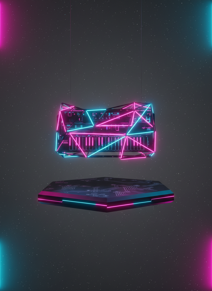 A luminous, crystalline synthesizer floating above a sleek, matte-black platform, the body constructed from faceted, transparent neon-glass panels emitting electric pink, blue, and violet glows. The base features micro-engraved circuitry illuminated subtly by embedded neon strips. Positioned in a minimalist, hyper-space environment—an endless, charcoal-gray expanse with faint stardust patterns. Sharp, directional magenta and cyan lighting cast crisp, dramatic shadows, highlighting the synth’s geometry. The composition is eye-level and perfectly centered, with a bold, high-contrast neonpunk aesthetic. The mood is energetic and futuristic, embodying boundary-pushing creative expression for an art and music portfolio.