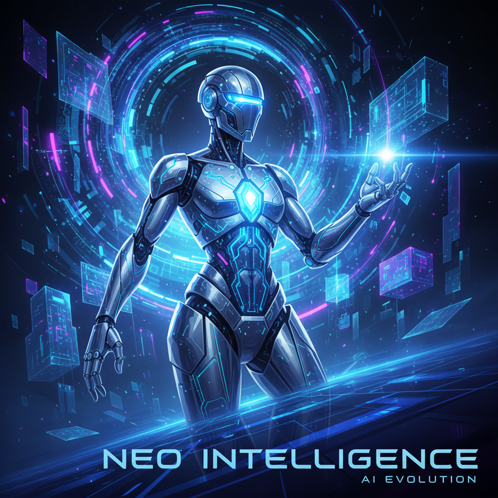 A vibrant, futuristic illustration of an advanced AI or robot with glowing elements, representing cutting-edge artificial intelligence. The style should be cool, high-tech, and eye-catching.
