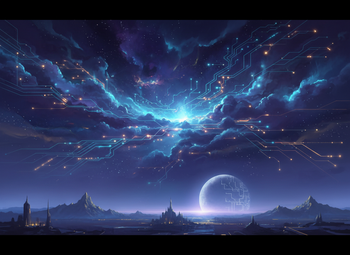 Cinematic wide shot of a cosmic twilight sky filled with glowing nebula clouds that subtly morph into circuits and neural-network lines, ethereal and dreamlike, deep indigo and violet with cyan highlights and a few warm gold accents, soft lighting, high resolution digital painting.