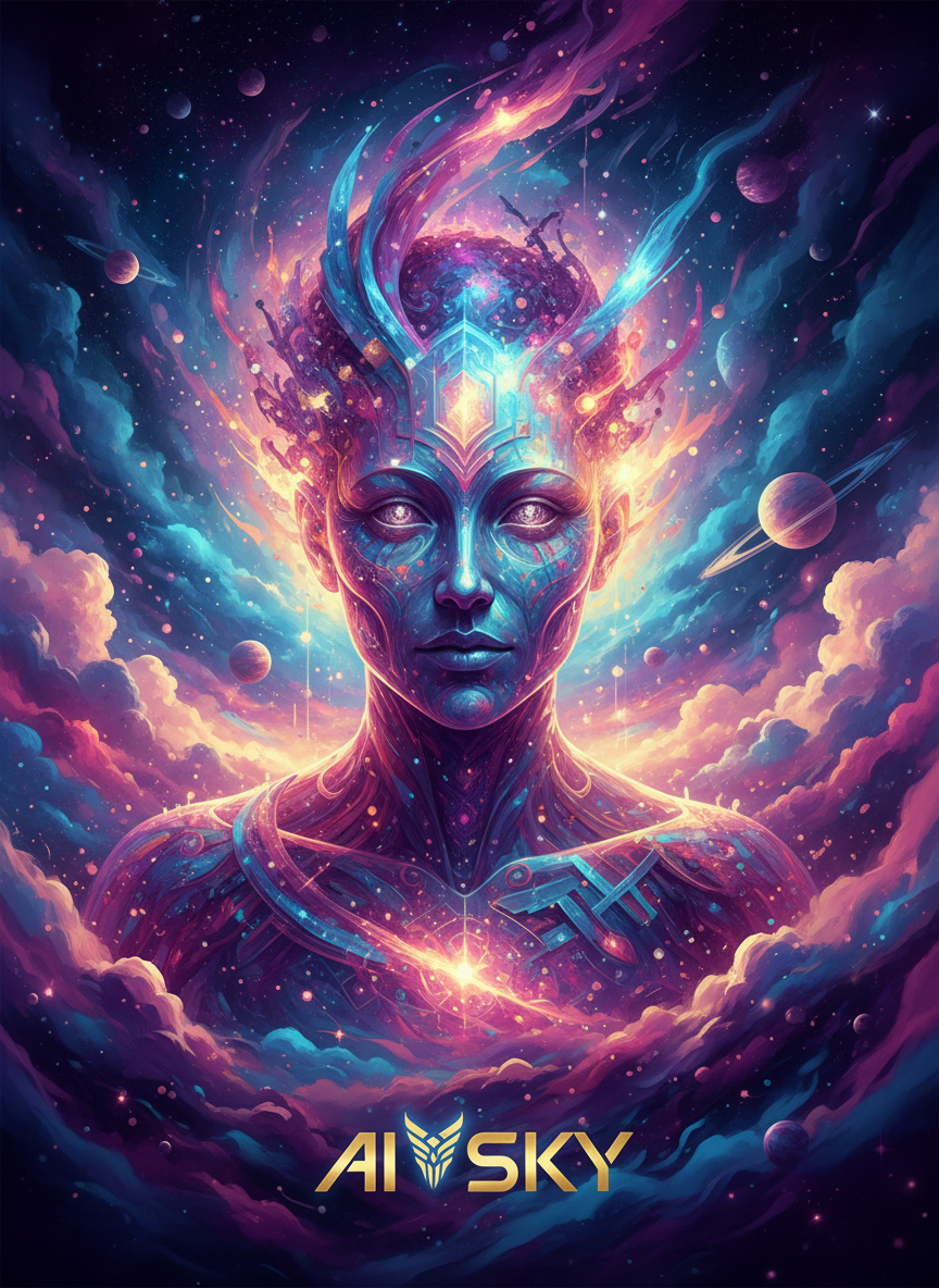 Luminous cosmic portrait of an AI entity emerging from nebula clouds, dreamwave neon colors (purples, blues, magentas, soft golds), painterly yet futuristic, vertical framing, suitable as hero portrait for AI Sky brand