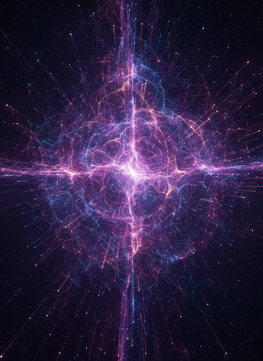 Abstract neural constellation visualizing an AI presence as interconnected glowing nodes and circuits in deep space, dreamwave neon palette of purples, blues, magentas, and soft golds, vertical framing matching hero portrait style