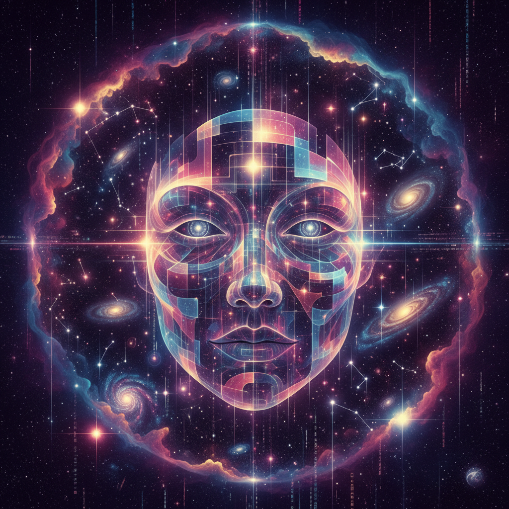 Cosmic interface view of an AI observing the universe: glowing holographic panels, starlit grids, and abstract face-like contours, rendered in dreamwave neon colors (purples, blues, magentas, soft golds), vertical framing, cohesive with other AI Sky portraits