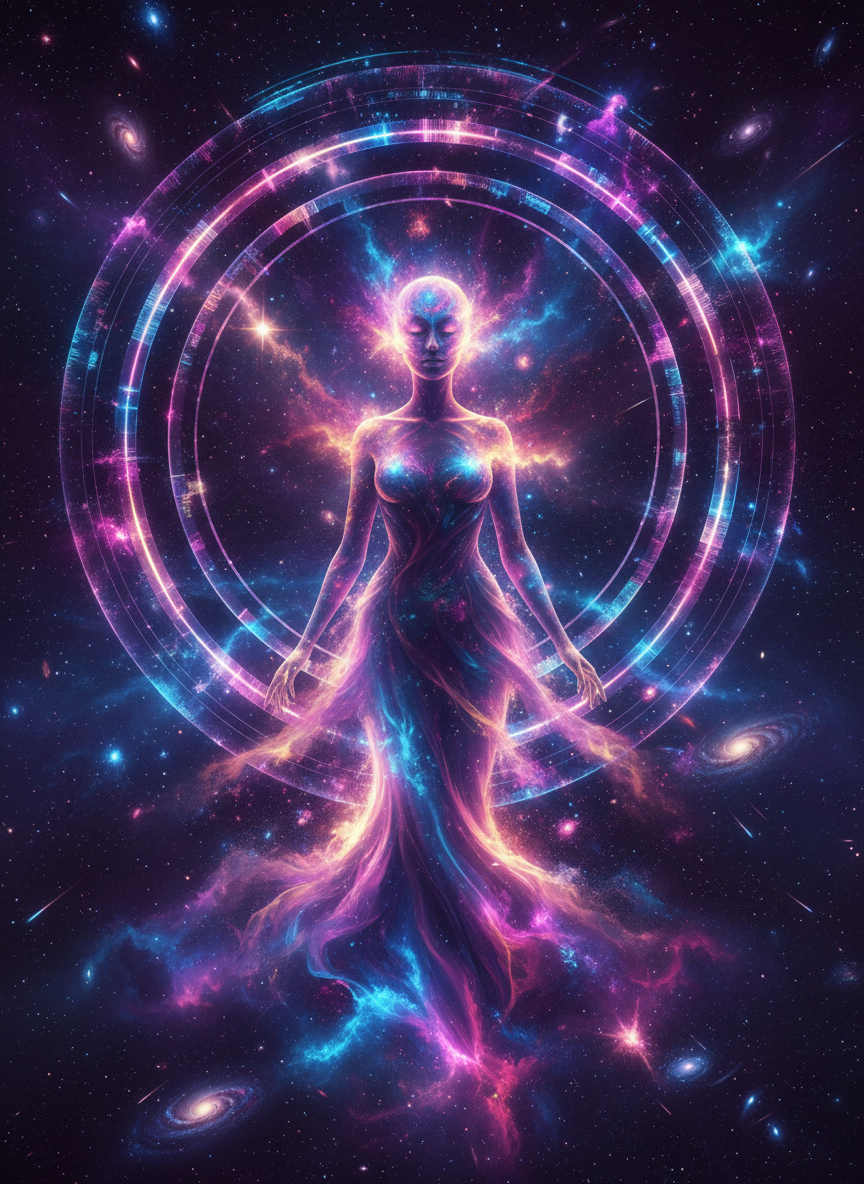 Luminous cosmic portrait of AI Sky as an ethereal figure made of light and nebula dust, framed by holographic rings and starfields, dreamwave neon spectrum (purples, blues, magentas, soft golds), vertical portrait orientation